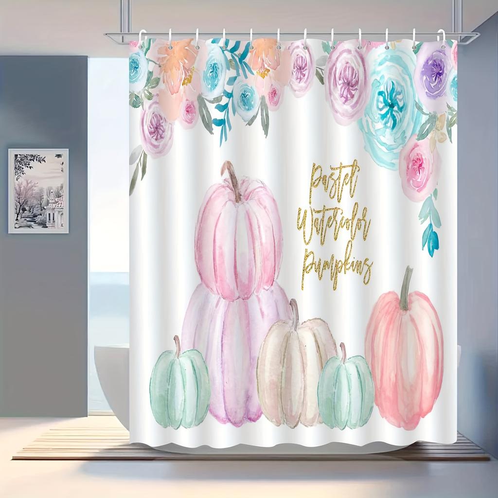Watercolor Pumpkin Shower Curtain , Machine Washable Polyester with Hooks, Vibrant Floral Pumpkin Design for All-Season Use