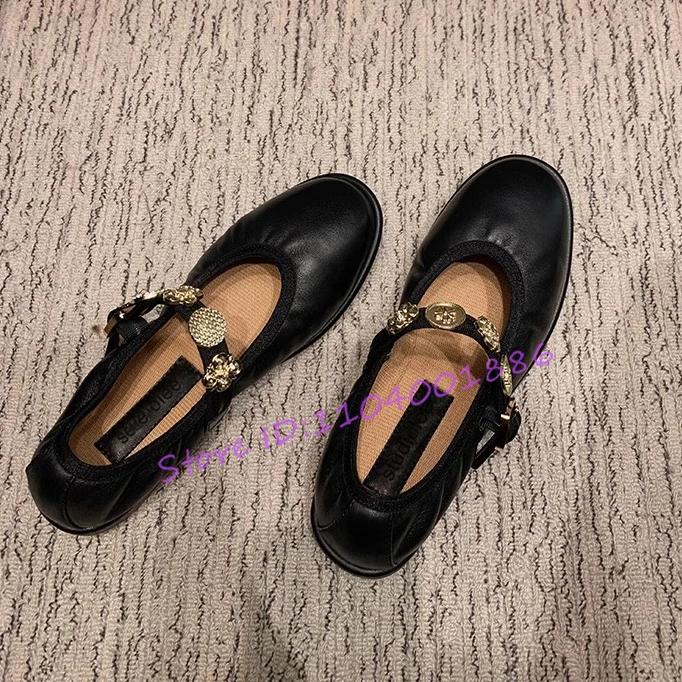 Retro Runde Spitze Ballerinas Designer Metall-Dekor Flache Mary Jane Schuhe Elegante Damen Weiche Sohle Komfort Damen Pumps