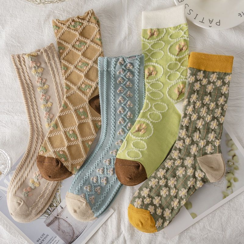 5 Pieces/white Floral Mid-tube Socks Women's Trendy Japanese Powder Fog Color Student Loli Spring Thin Section JK Socks Pink New