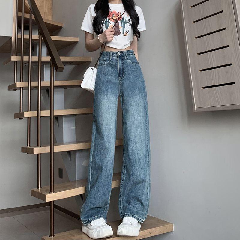 American Black and Gray Wide Leg Jeans Women's Early Spring New Low Waist Straight Leg Loose Look Slim All Draped Draped Mopping Pants