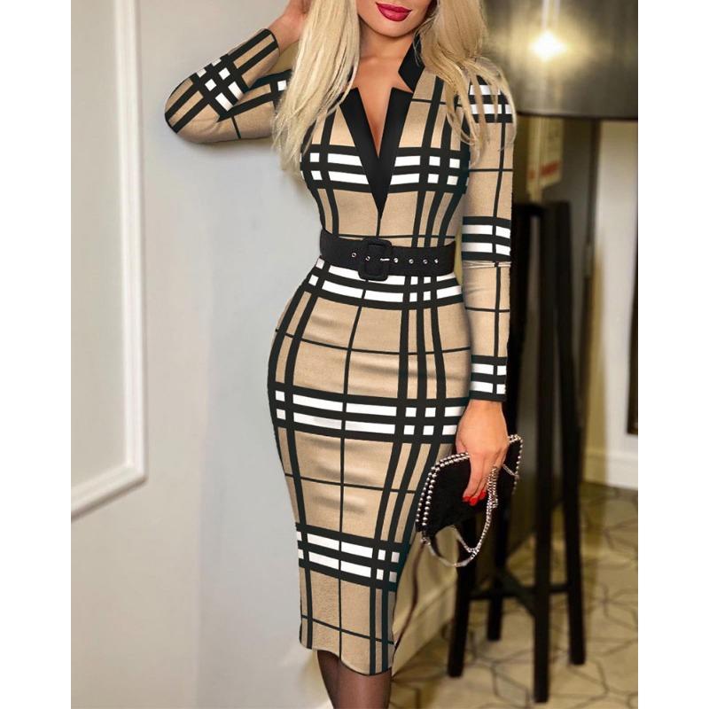 

DAFIFY Женская мода весна осень клетчатый принт длинный рукав V-образный вырез высокая талия повседневные платья S