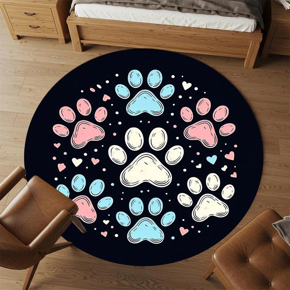 1pc Paw Prints Hearts Round Chair Mat Area Rug - Non-Slip, Floor Mat for Office, Bedroom, and Indoor Decor -1002158