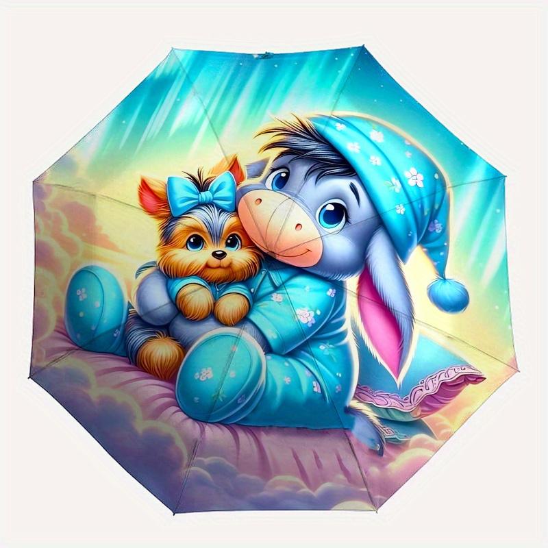 Eeyore Fully Automatic Themed Umbrella - 8 Ribs Durable Iron Frame, Tri-fold Compact Design, Perfect As a Gift, Travel Umbrella, Unisex, Com