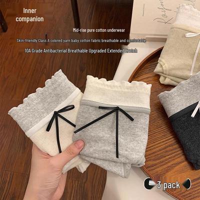 Women's 3-Pack Pure Cotton Mid-Waist Antibacterial Underwear with Bow Lace