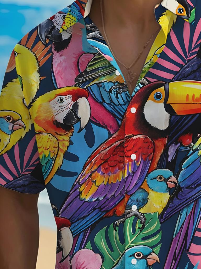 1 Stück Herren Sommer Kurzarm Hemd mit Knöpfen, Tropischer Papageien Allover-Print Retro Urlaubsstil Lässiges Oberteil, Atmungsaktives Polyestergewebe,
