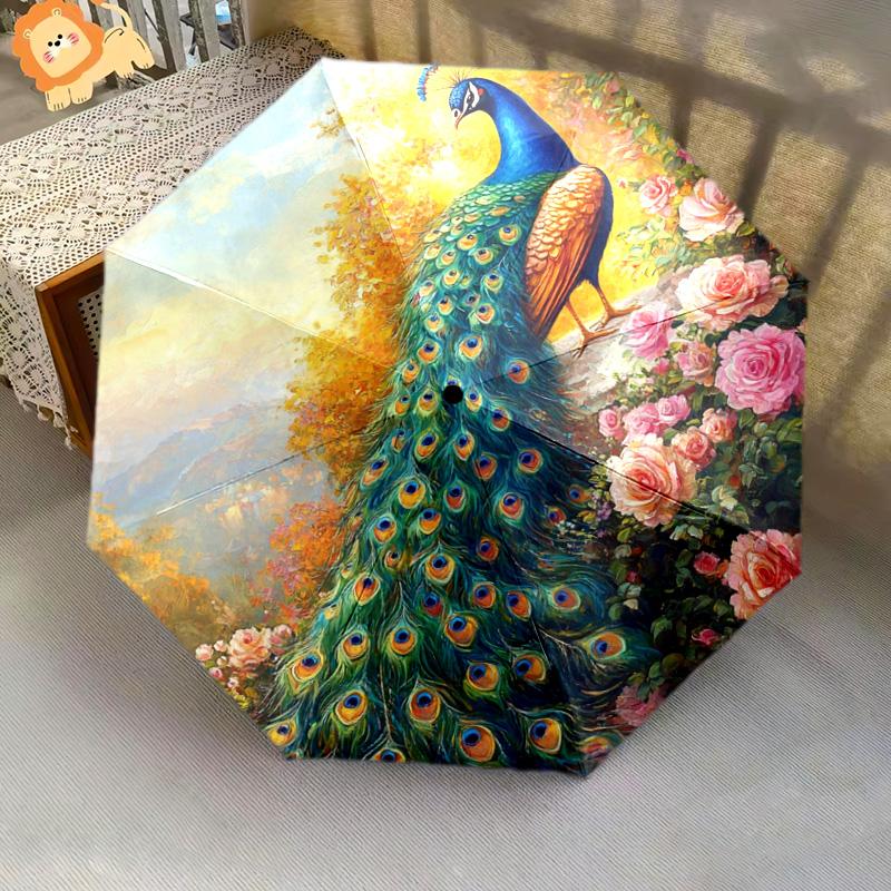 1 PC Automatic Folding Umbrella - Peacock Garden Pattern, Portable & Foldable Design with 8 Ribs, Christmas Birthday Gifts