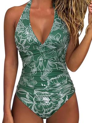 Swimsuit Women Backless Swimwear One Piece Floral Print Swimsuit Halter Lace Up Bikini Summer 2025 New Holiday Beachwear