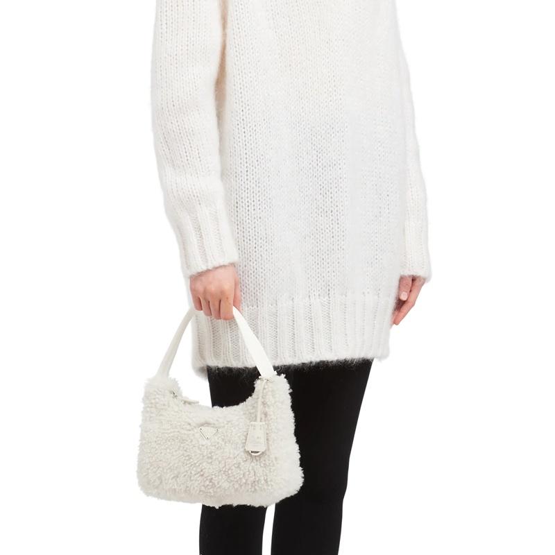 Prada Re-Edition plush Hobo series armpit bag classic silver buckle triangle logo wool nylon shoulder bag handbag women's white