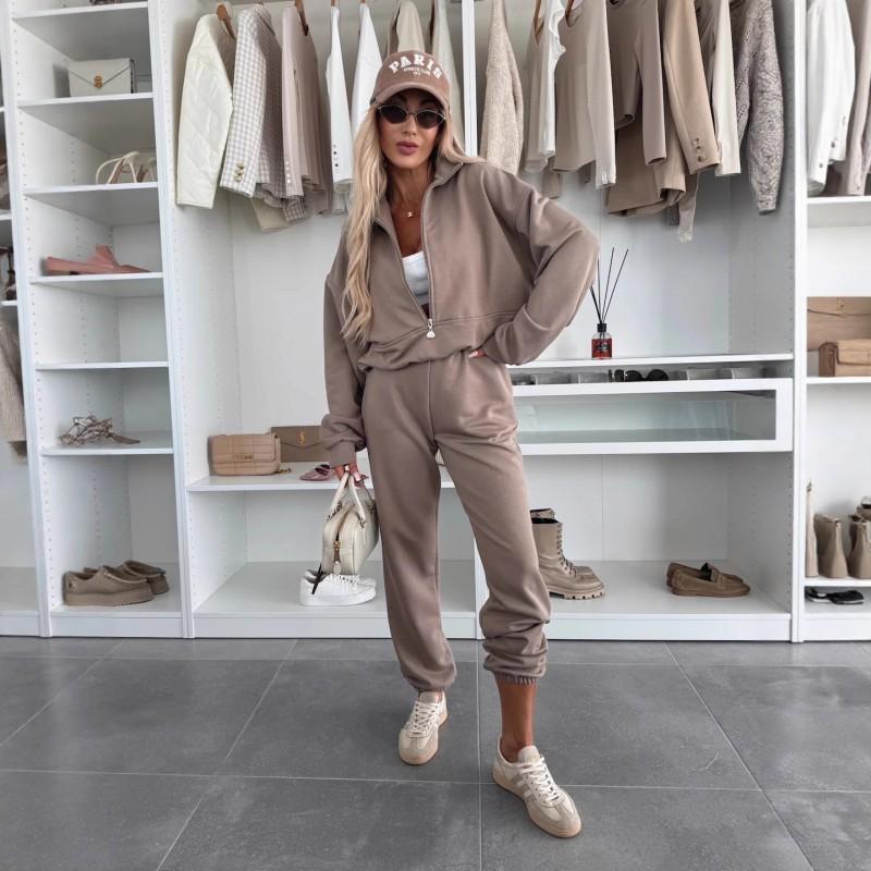 Womens 2-Piece Casual Tracksuit Solid Color Long Sleeve Zip Sweatshirt Elastic Waist Pants Streetwear