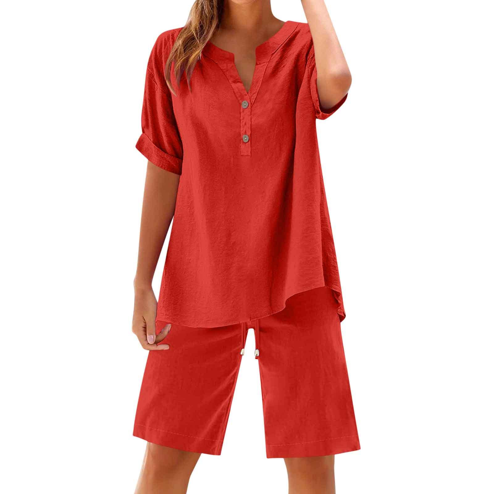 

2-piece Set With Women s Shorts, Matching, For Relaxing, Airport, Travel, Vacation, Beach, Suit With Pocket S червоний