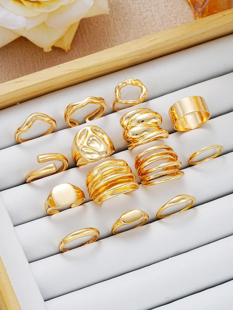 14pcs Asymmetrical Design Cocktail Rings Set For Women Vintage Smooth Chunky Geometric Irregular Finger Rings Daily Jewelry Gift