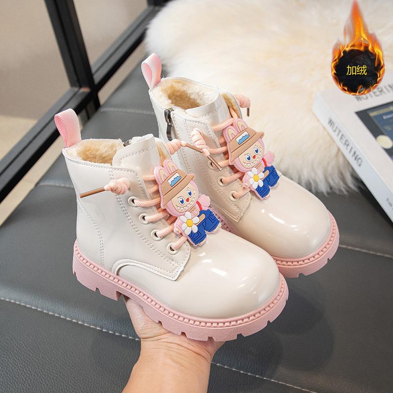 

[Cartoon Patent Leather Martin Boots for Girls with Fleece Lining Fashion Block Cotton Boots for Big Kids] size 26