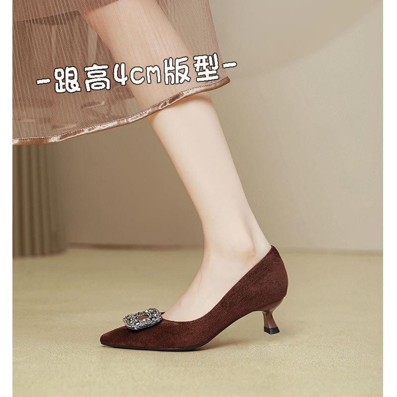 Pointed Rhinestone Square Buckle High Heels Women's Thin Heels 2025 New Spring and Autumn Not Tired Feet Black Suede French Single Shoes