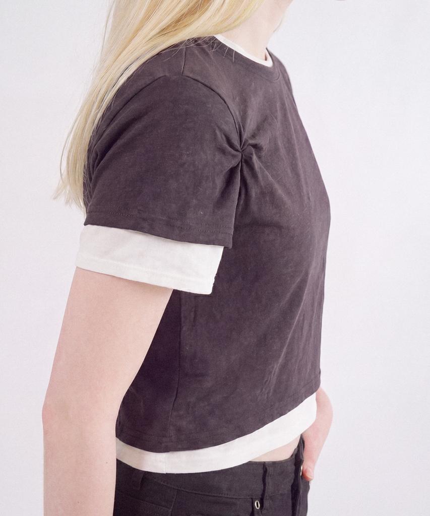 DOUBLE SEEN Layered Crop Short Sleeve Tee_ Charcoal