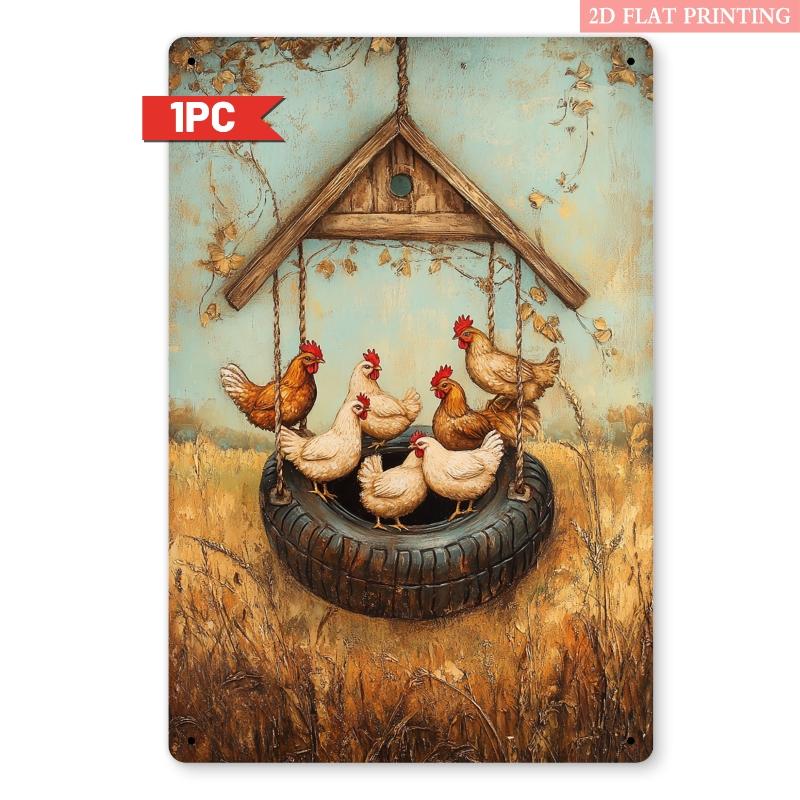2D Flat, 1pc Chicken-Themed Iron Metal Wall Sign - Vintage Farmhouse Barn Outdoor Decor with Hen & Chicks Coop Art, 8x12 Inch Rustic Country Decoratio