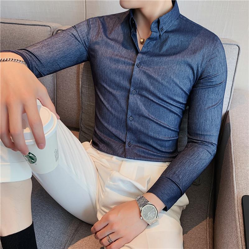 Spring Men's Casual Fashion Stretch Dark Pattern Business Casual Shirt