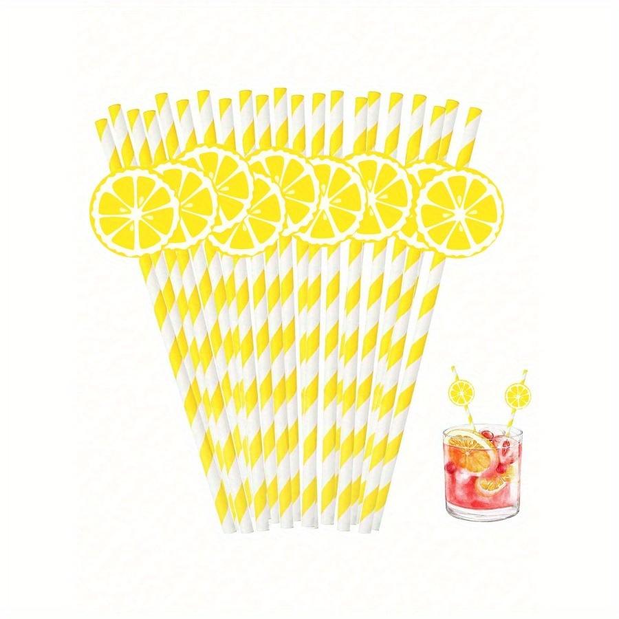 Lemon Paper Straws Disposable Cocktail Straws for Drinks Striped Straws, Individually Wrapped Plastic Straw with Lemon Shape