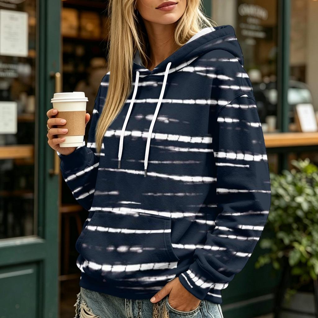 Felpa a righe da donna a maniche lunghe con tasca per abbigliamento casual