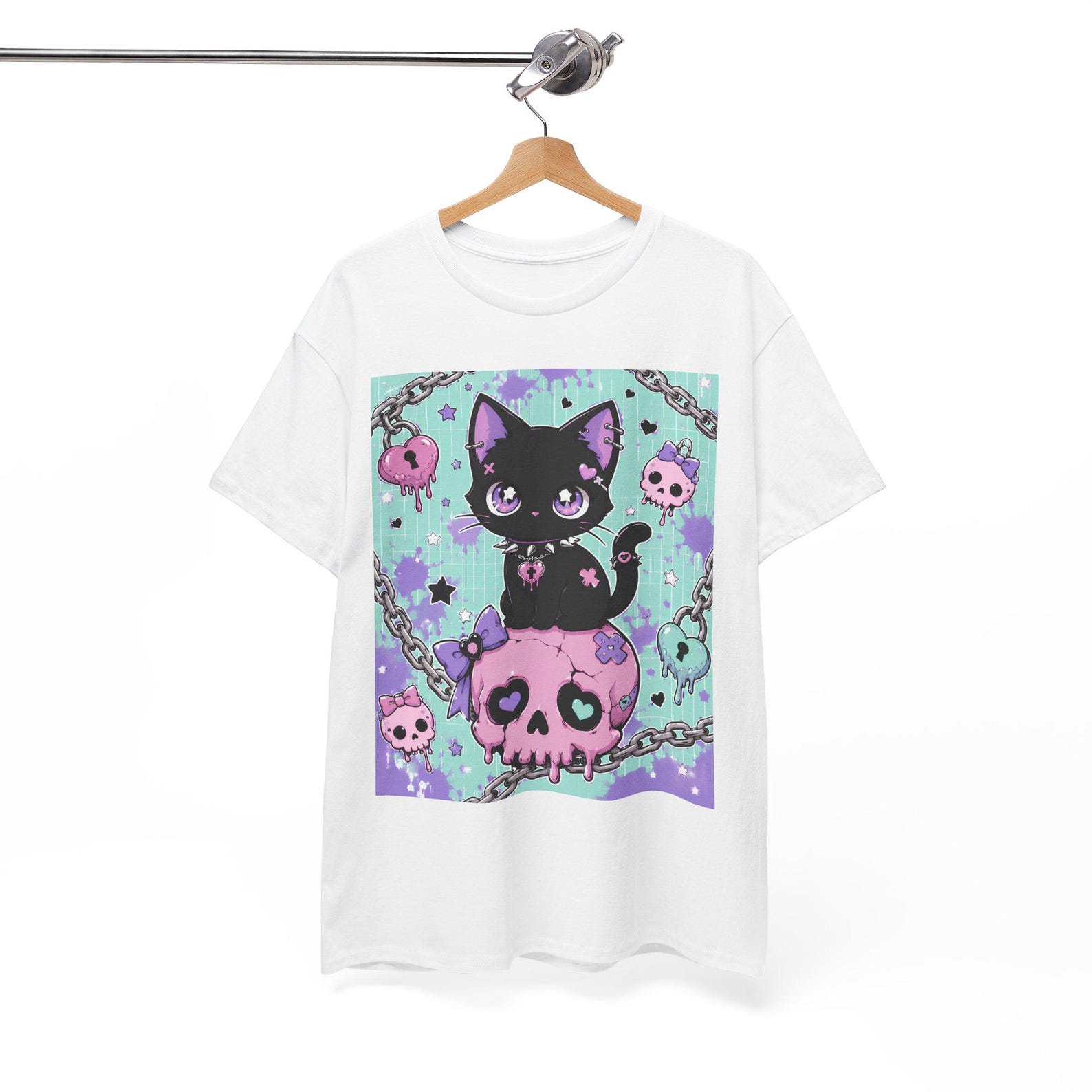 Kawaii Pastel Gothic Black Cat on Pink Skull T-Shirt | Cute Pastel Goth Tee, pastelgothic 3XL