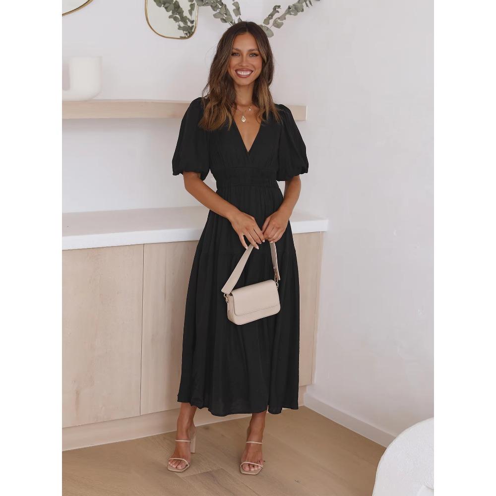 Mote Damer Sommer Vintage Kjole Kvinner Lanternermer Volanger Casual Kjole V-hals Høy Midje Sexy Selskap Midi Strandkjoler