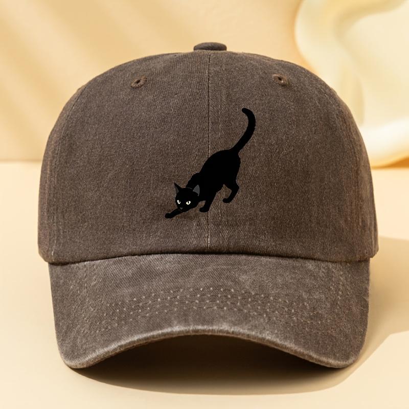 Classic European And American Style Black Cat Printed Baseball Cap for Men, Featuring a Washed Vintage Design, Adjustable Size,
