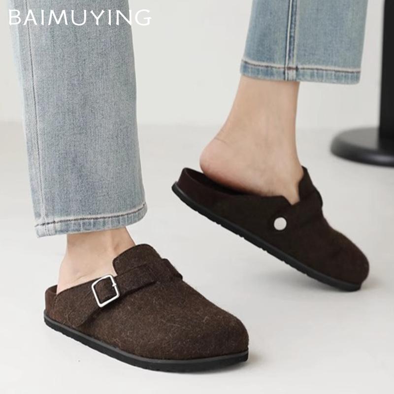 Suede Women Flats Cotton Slippers Short Plush Designer Buckle Casual Mules Shoes 2025 Trend Walking Warm Winter Snow Botas Mujer