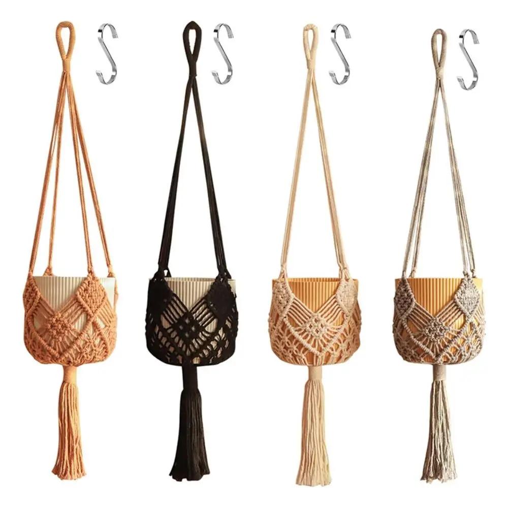 Boho Plant Hanger with Net Pouch Cotton Rope Woven Hanging Basket Macrame Flower Pot for Indoor Outdoor Hanging Succulents