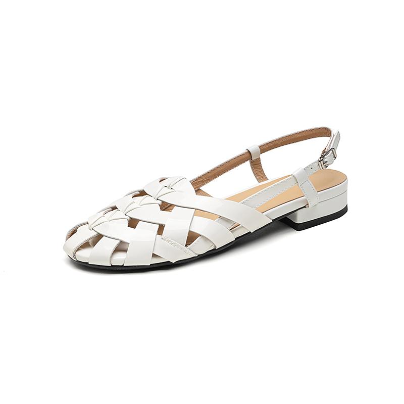 Fashion NEW Summer Women Sandals Patent Leather Shoes for Women Round Toe Low Heel Shoes Narrow Band Bcukle Strap Shoes Weave Sandals