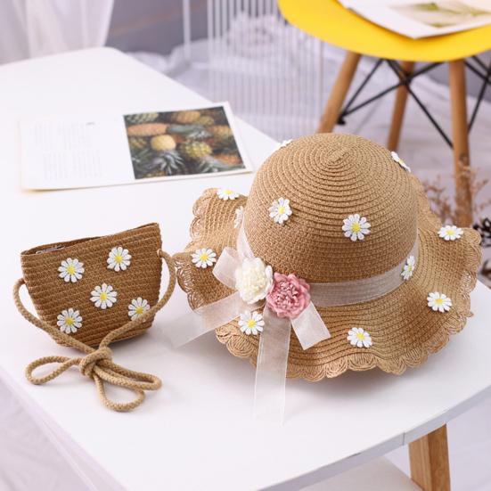 Marguerite Dress Up Bow Wide Brim Girl Straw Sunhat Purse Hat Bag Set for Outdoor