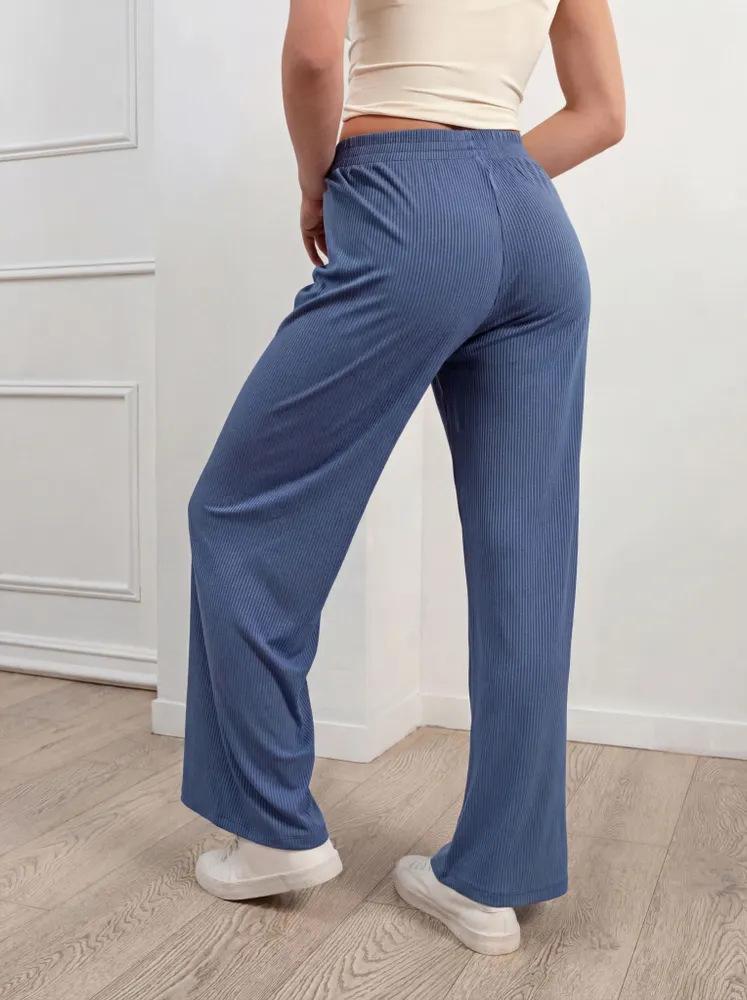 Women's Ribbed Elastic Waistband Casual Wide-Leg Jogging Pants