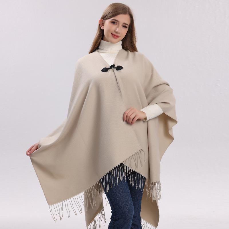 Women’s V‑Neck Knitted Poncho Cape with Toggle Buckle – Mid‑Length Autumn Winter Fringe Shawl Cardigan