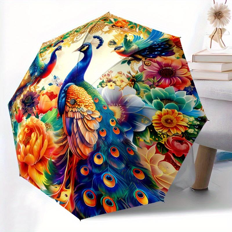 

1pc Automatic Open/Close Umbrella with Peacock & Floral Pattern - Elegant Blue, Green, Orange, Red, Yellow, White, Black, - Co Iron&8K