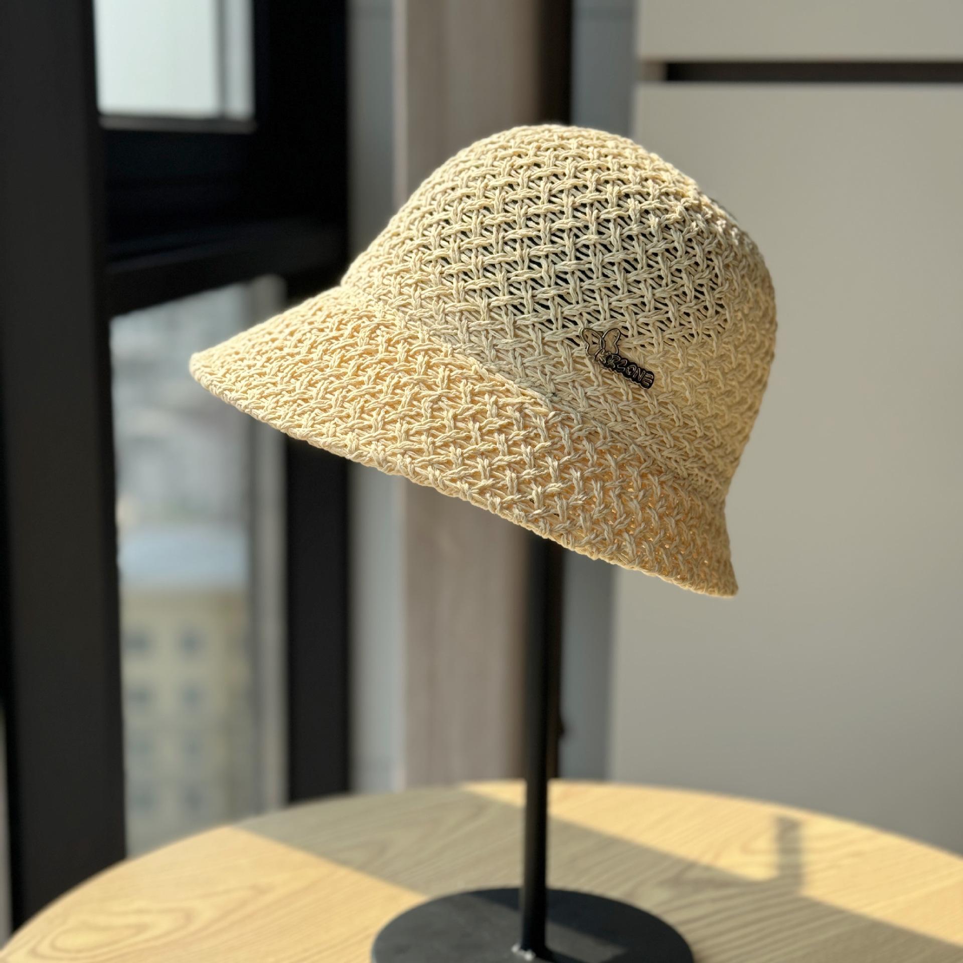 New women s fisherman hat for spring and summer, letter-printed, woven, hollowed-out, breathable bucket hat, versatile and creative, trendy Adult54-60Adjustable