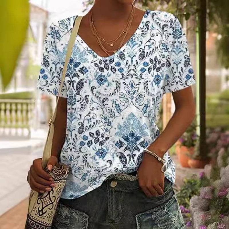 Loose Women's V-Neck Short Sleeve Graffiti Printed Casual Top T-Shirts Women’s