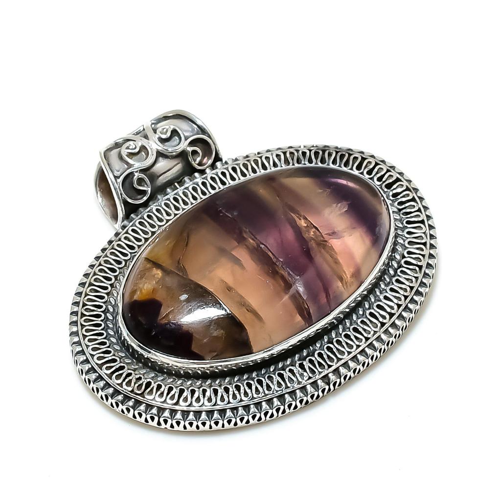Natural Fluorite Gemstone Silver Pendant in 925 Sterling Silver- Handmade Design, Everyday Wear Jewelry, Antique Pendant Gifts For Mom