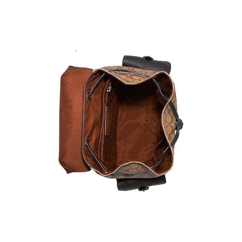 Coach Hudson 26 Classic Monogram Color Block Flap Large Capacity Canvas And Leather Backpack Men Backpacks Khaki-Brown Black C6081-QBT5K