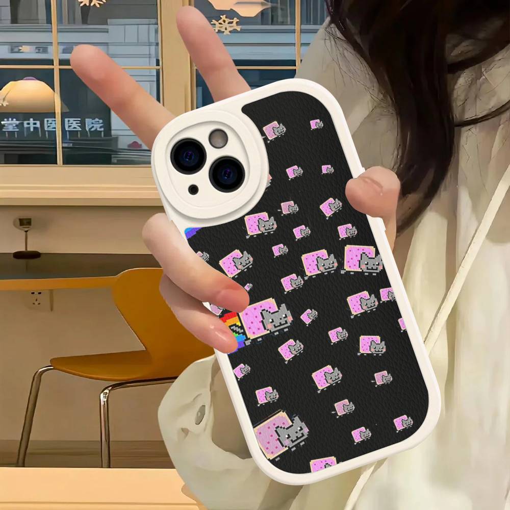 Cute N-Nyan Cat For IPhone 16 15 14 16E 13 12 11 Pro Max Plus Phone Leather Case