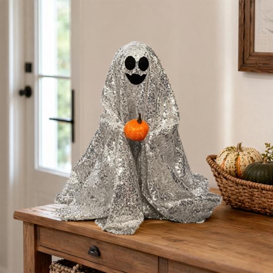 Dekoracja Duch na Halloween, Błyszcząca Figurka Ducha Zewnętrzna z Materiału z cekinami, Świecący Upiorny Duch na Imprezy Halloweenowe, Trawnik Zewnętrzny, Dekoracja Werandy