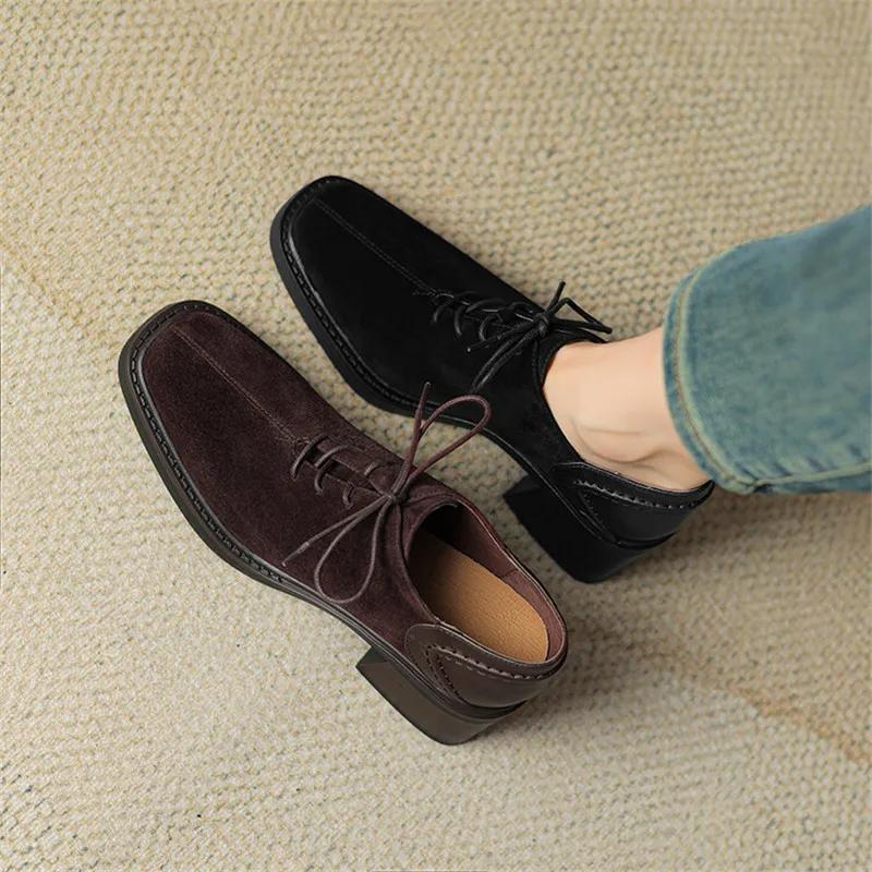 Fashion New Spring Autumn Sheep Suede Lace Women Loafers Square Toe Chunky Heel Shoes Comfort Women Pumps Shoes for Women High Heels