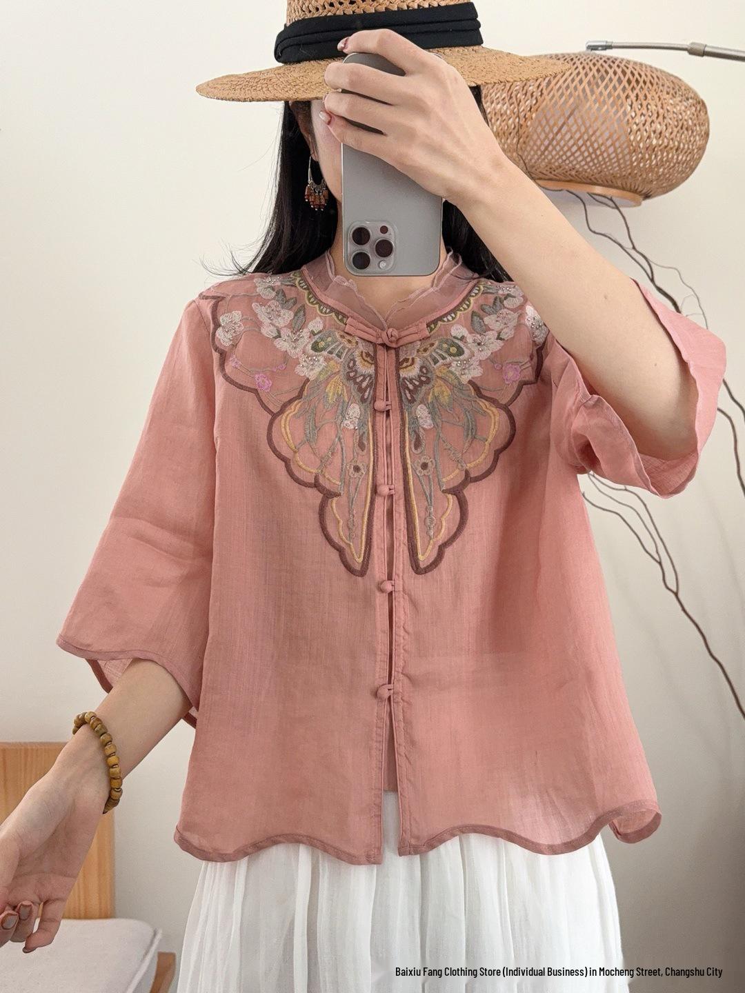 

Summer 2026 Artistic Embroidered Linen Shirt with Frog Buttons and Lapel, Women s Three-Quarter Sleeve, New Chinese Style. One Size (Suitable for 90-140 Jin)