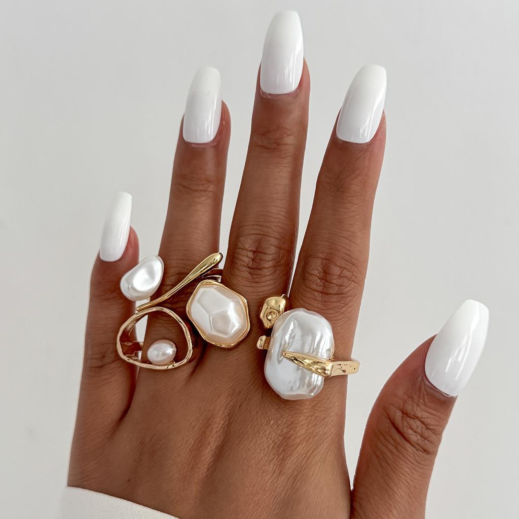 Design Sense Liquid Metal Glossy Ring Set, Baroque Imitation Pearl Open Ring