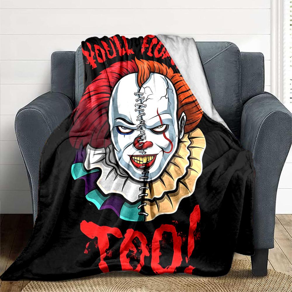 1pc It "Clown" Flannel Throw Blanket - HD Printed Lightweight Soft Warm All-Season Blanket for Sofa, Bed, Travel, Camping003