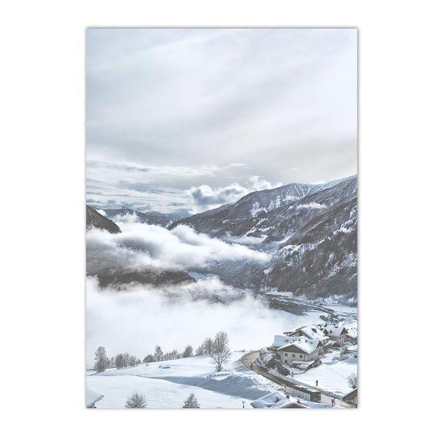 Winter Lake Mountain Canvas Painting Snow Tree Deer Wall Art Picture Print Natural Landscape Nordic Poster Room Home Decor Gifts