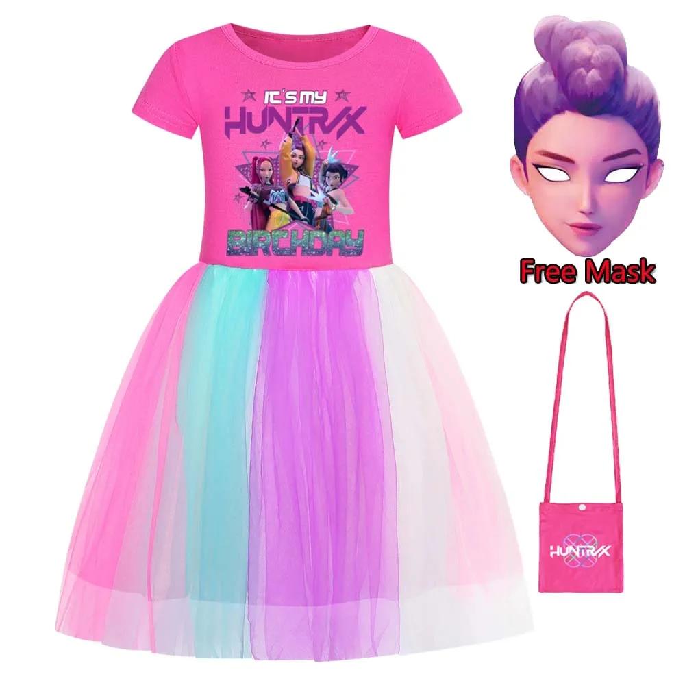 Robes Dessin Animé Kpop Chasseurs de Démons pour Bébés Filles Enfants Rumi Mira Zoey Vêtements Imprimés Costume Cosplay Robe Décontractée Fille Masque Gratuit