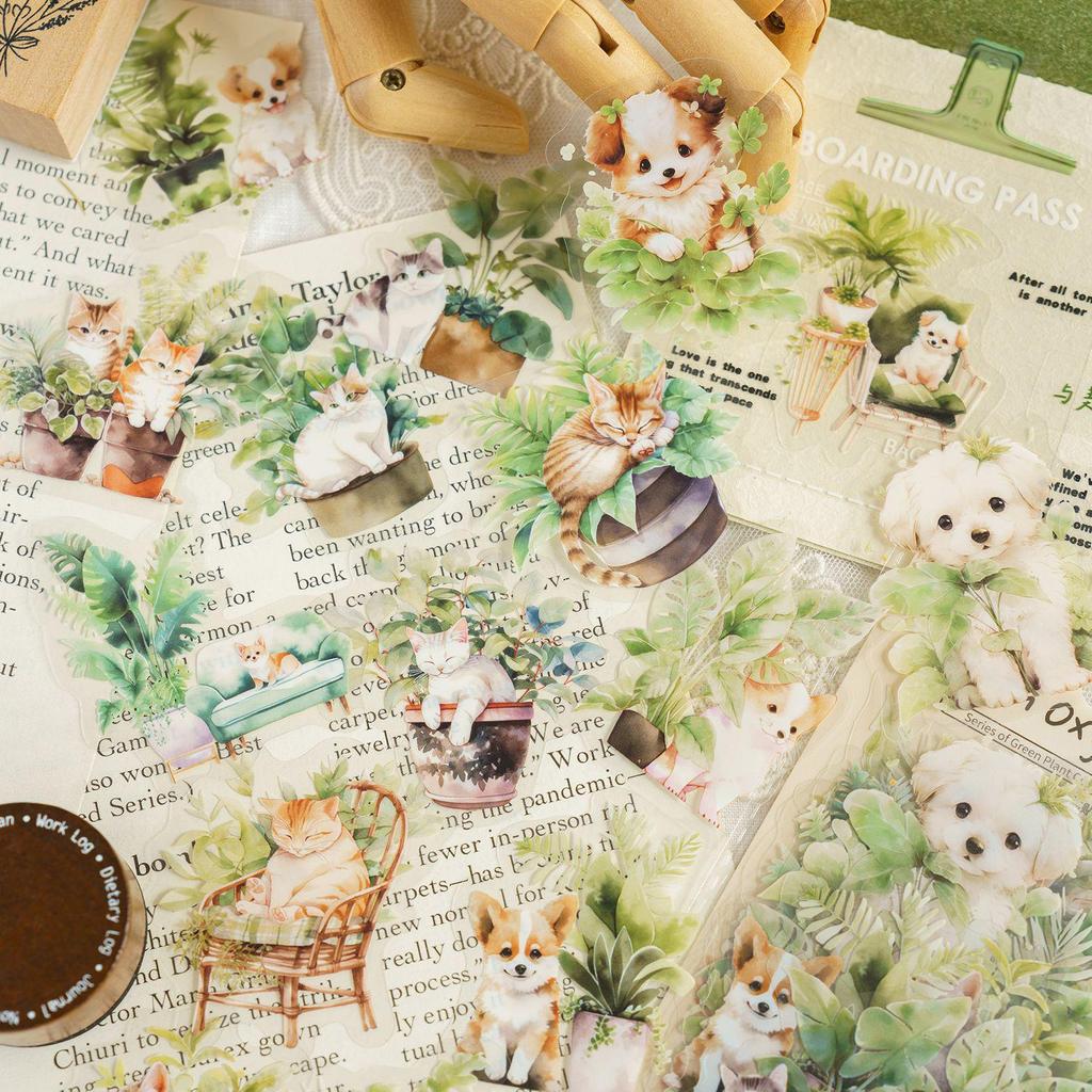 Momo PET White Ink Green Plant Sticker Pack: 30 Sheets, 6 Designs for Journal DIY Decoration