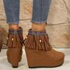 Bohemia Embroidery Fringed Decoration Boots Women 2025 Winter Chunky Platform Super High Heel Ankle Boots Thick Bottom Booties