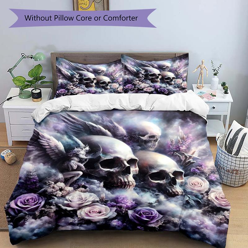 3pcs Skulls Angels and Roses Quilt Cover Set - Soft and Cozy Bedroom, Guest Room and Dorm Decorative Bedding 135x200cm