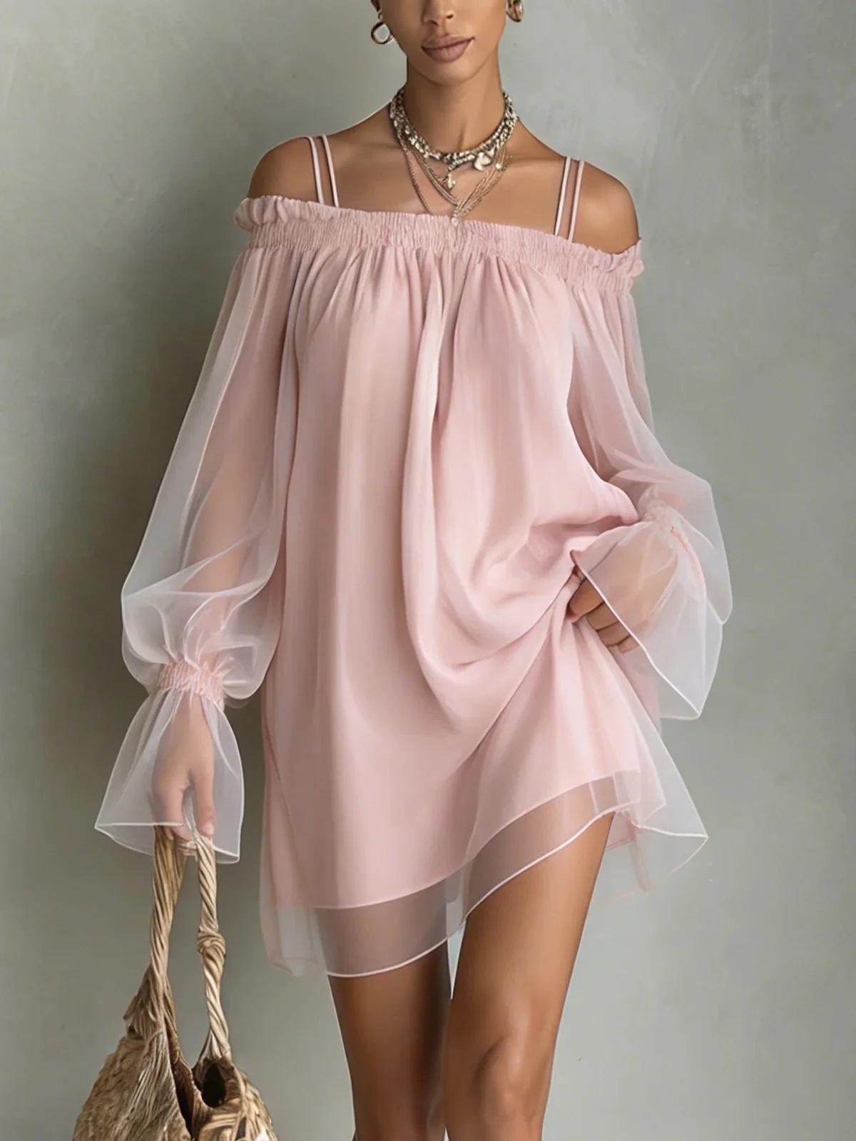 2026 European and American women s clothing, off-the-shoulder loose, pleated shoulder sexy, dress S