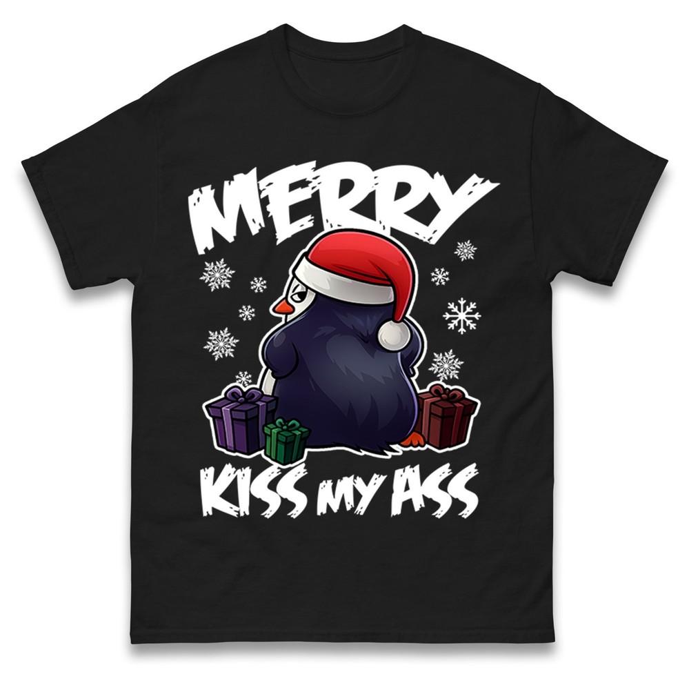 Merry Kiss My A Funny Penguin Christmas T Shirt Rude Xmas Adults Tee Shirt
