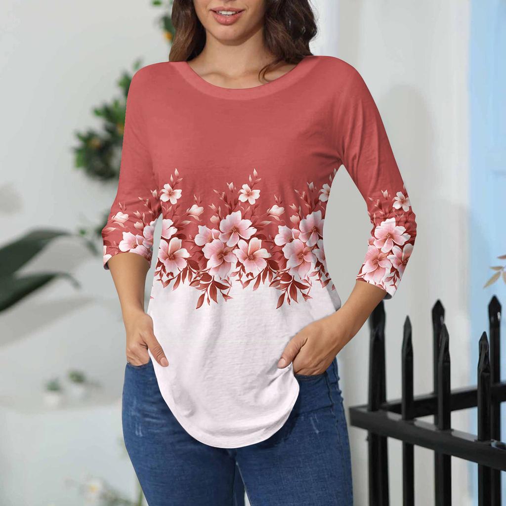 Womens T Shirts 3/4 Sleeve Shirts Solid Color Pullover Summer Spring Tops Blouses